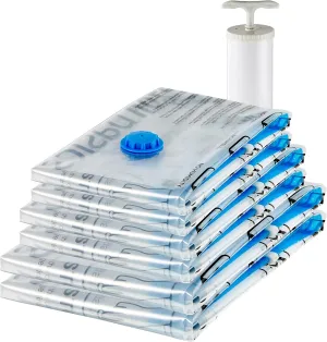 Amazon Basics Multiple Vacuum Compression Zipper Storage Bags for Space Saving and Travel with Hand Pump, 6-Pack (2 Jumbo, 2 Large, 2 Medium), Transparent