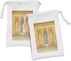 Ambesonne Architecture Fabric Pouch Set of 2, Photo of Moroccan Style Fountain with Folkloric Mosaic Tiles, Small Drawstring Bag for Toiletries Masks and Favors, 9" x 6", Pale Orange Multicolor