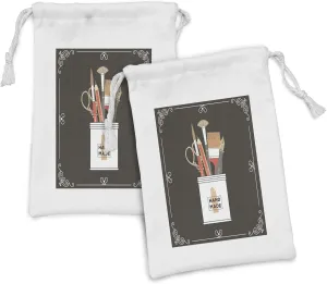 Ambesonne Art Fabric Pouch Set of 2, Equipment for Courses Exhibitions and Schools Painting and Calligraphy Study Time, Small Drawstring Bag for Toiletries Masks and Favors, 9" x 6", Multicolor
