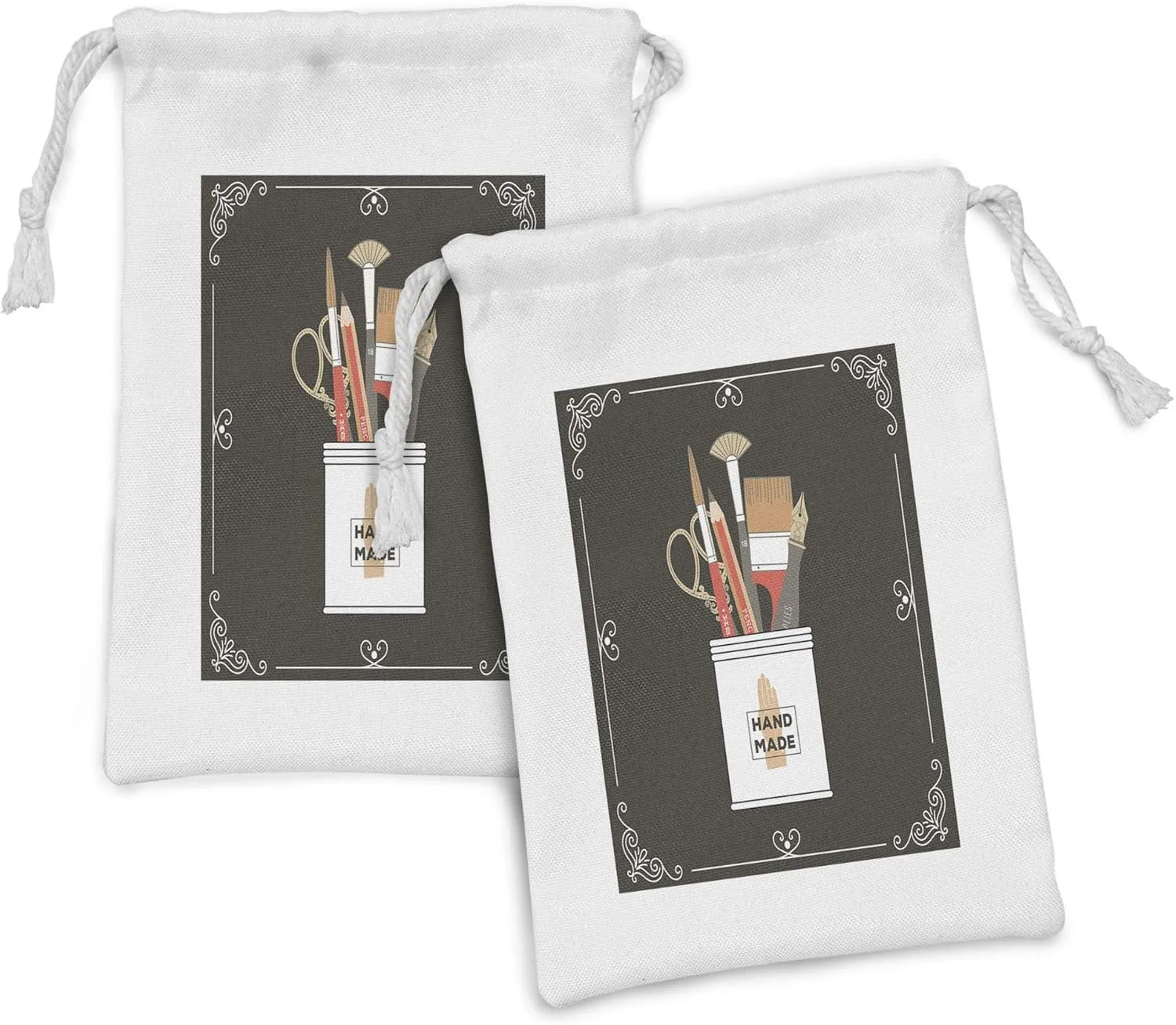 Ambesonne Art Fabric Pouch Set of 2, Equipment for Courses Exhibitions and Schools Painting and Calligraphy Study Time, Small Drawstring Bag for Toiletries Masks and Favors, 9" x 6", Multicolor