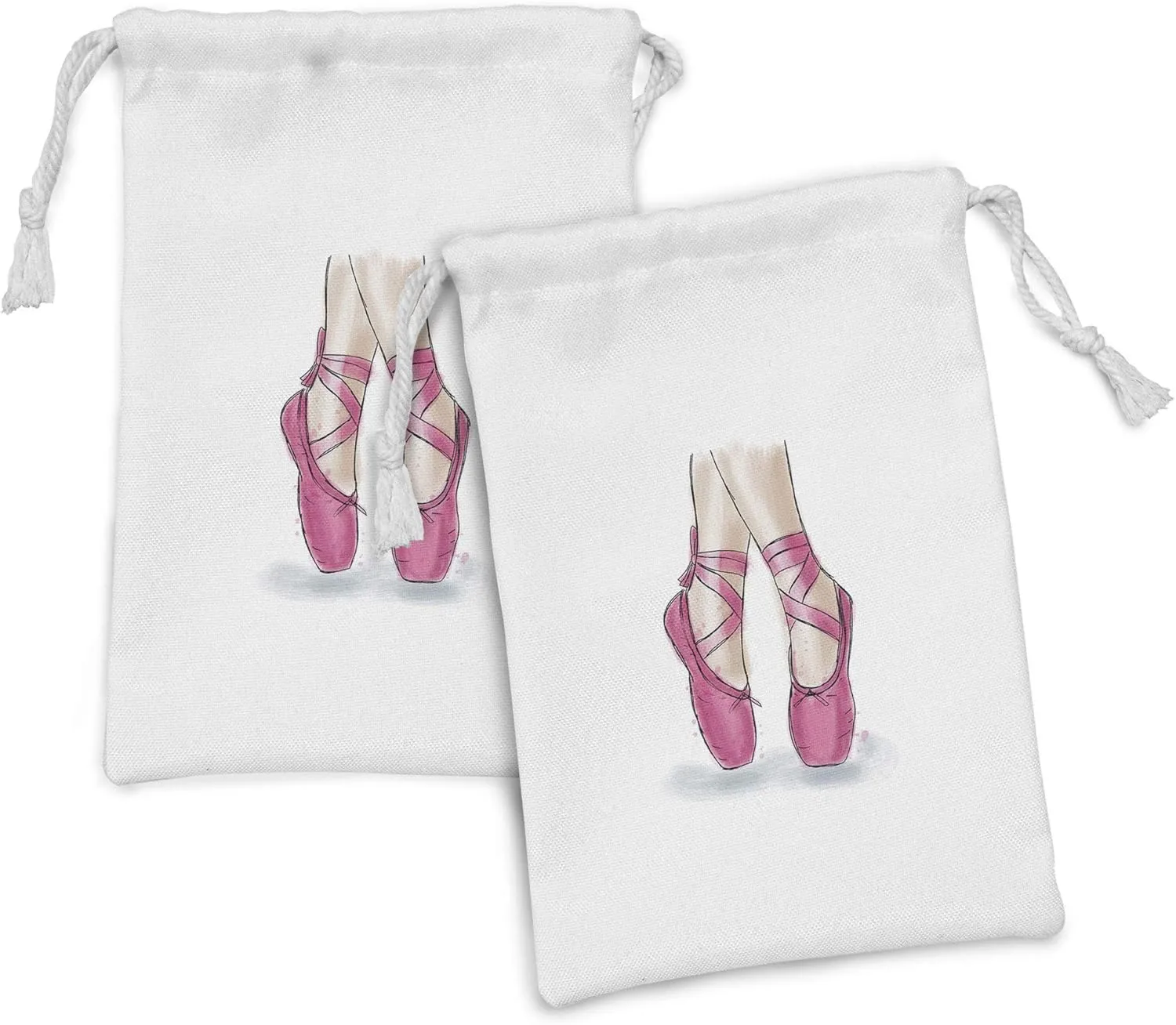 Ambesonne Ballet Fabric Pouch Set of 2, Close up Hand Drawn Ballerina Shoes on Feet, Small Drawstring Bag for Toiletries Masks and Favors, 9" x 6", White Pink Pale Peach