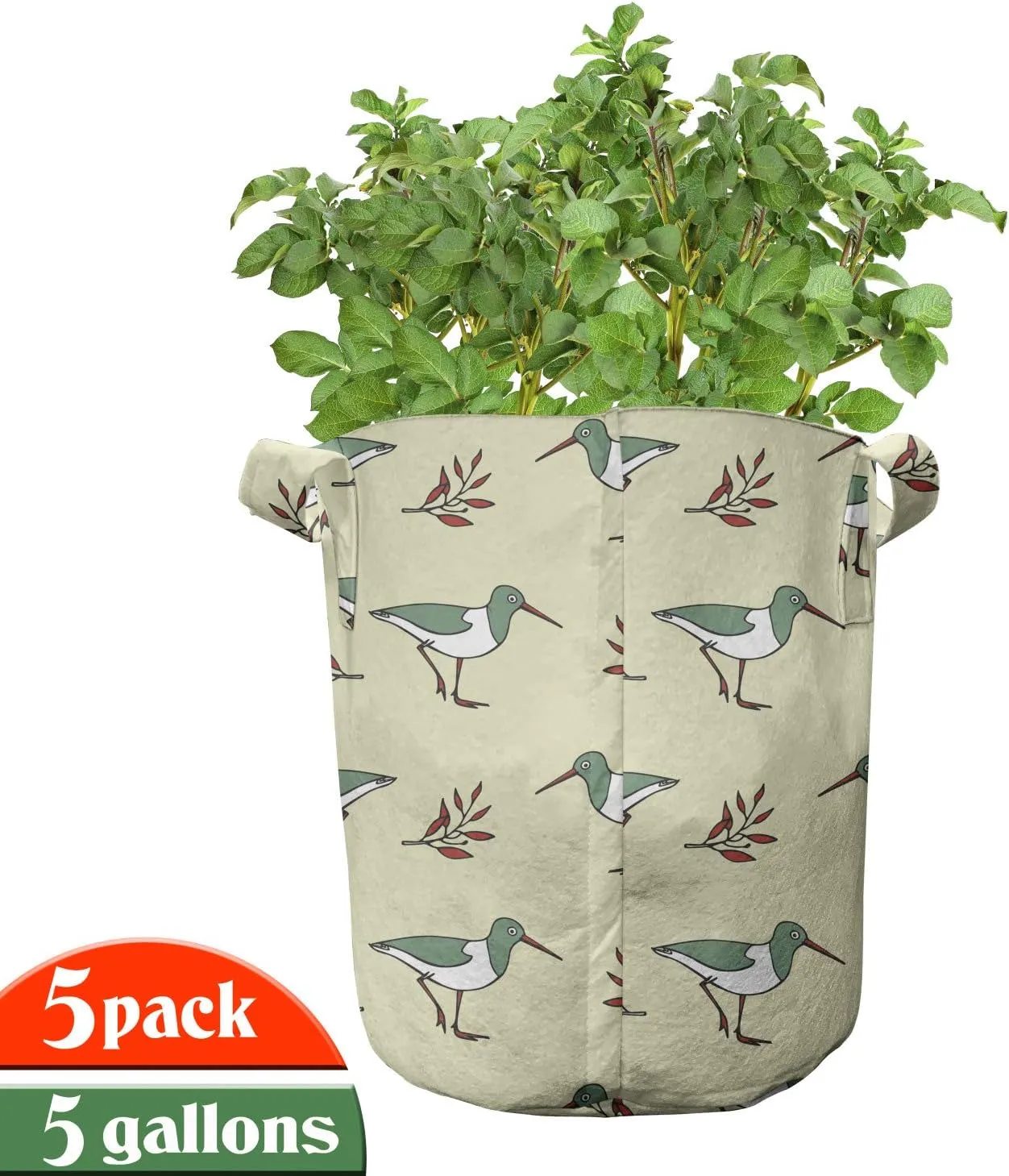 Ambesonne Birds Grow Bags 5-Pack, Shorebirds Animals Long Beaks, Heavyduty Fabric Pots with Handles for Plants, 5 Gallon, Pale Green Red