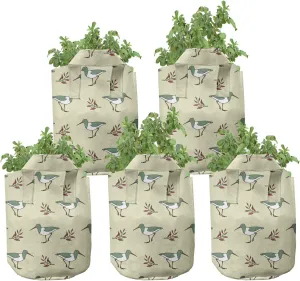 Ambesonne Birds Grow Bags 5-Pack, Shorebirds Animals Long Beaks, Heavyduty Fabric Pots with Handles for Plants, 5 Gallon, Pale Green Red