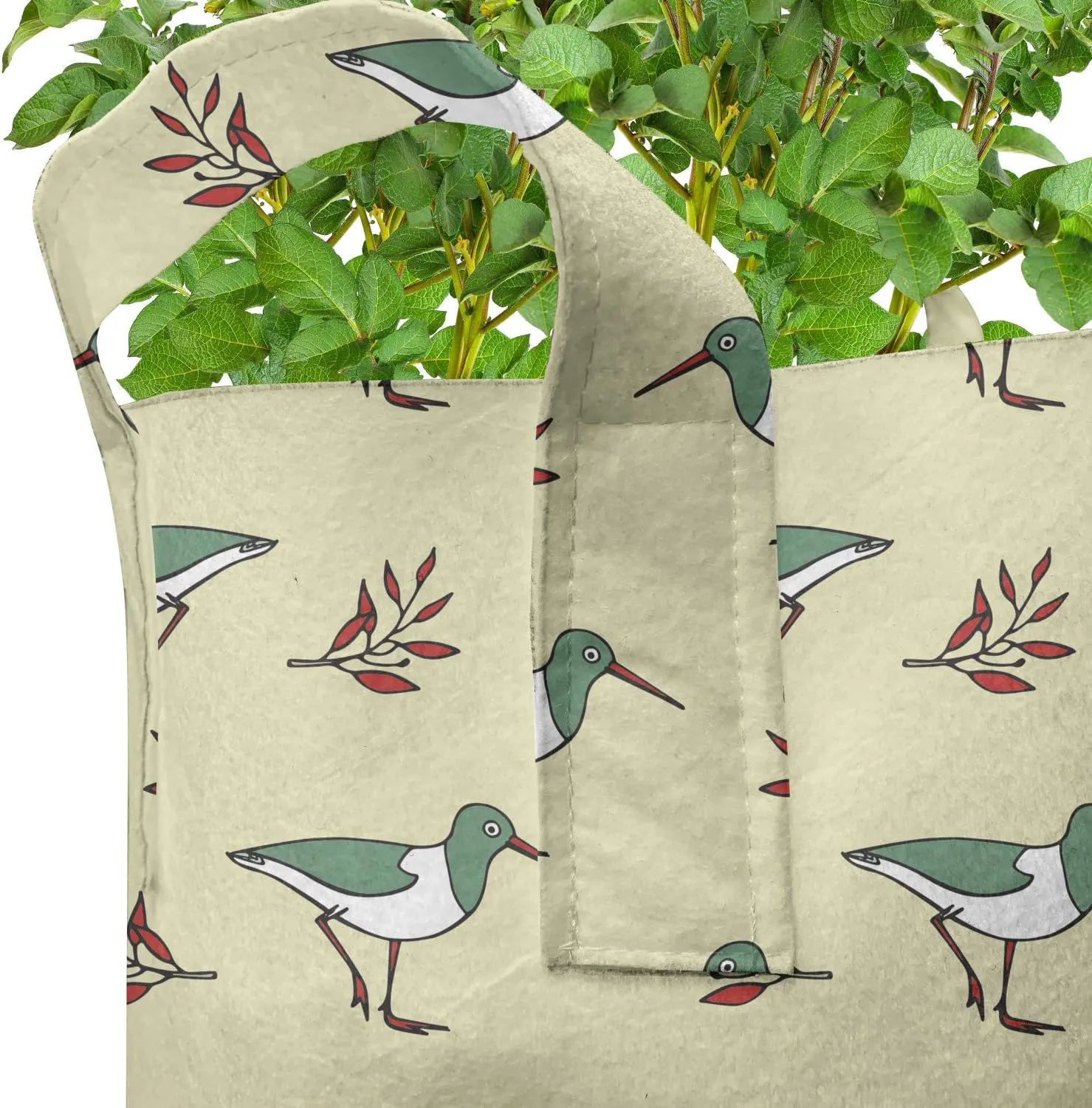 Ambesonne Birds Grow Bags 5-Pack, Shorebirds Animals Long Beaks, Heavyduty Fabric Pots with Handles for Plants, 5 Gallon, Pale Green Red