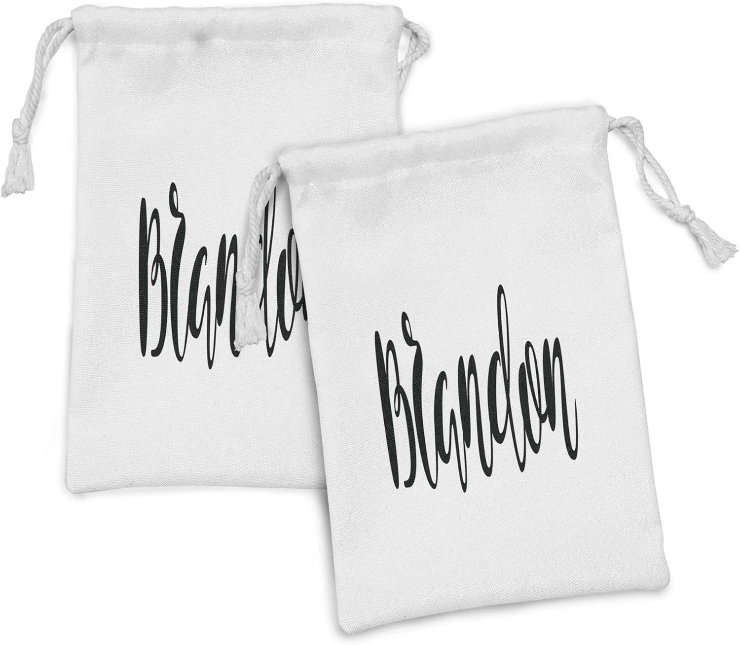Ambesonne Brandon Fabric Pouch Set of 2, Widespread Name Design with Monochrome Letters Cursive Font Pattern, Small Drawstring Bag for Toiletries Masks and Favors, 9" x 6", Black and White