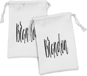 Ambesonne Brandon Fabric Pouch Set of 2, Widespread Name Design with Monochrome Letters Cursive Font Pattern, Small Drawstring Bag for Toiletries Masks and Favors, 9" x 6", Black and White