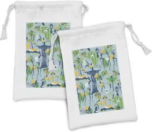 Ambesonne Carnival Fabric Pouch Set of 2, Traditional Items in Colors of Brazil Symbolic, Small Drawstring Bag for Toiletries Masks and Favors, 9" x 6", Fern Green Dark Sky Blue
