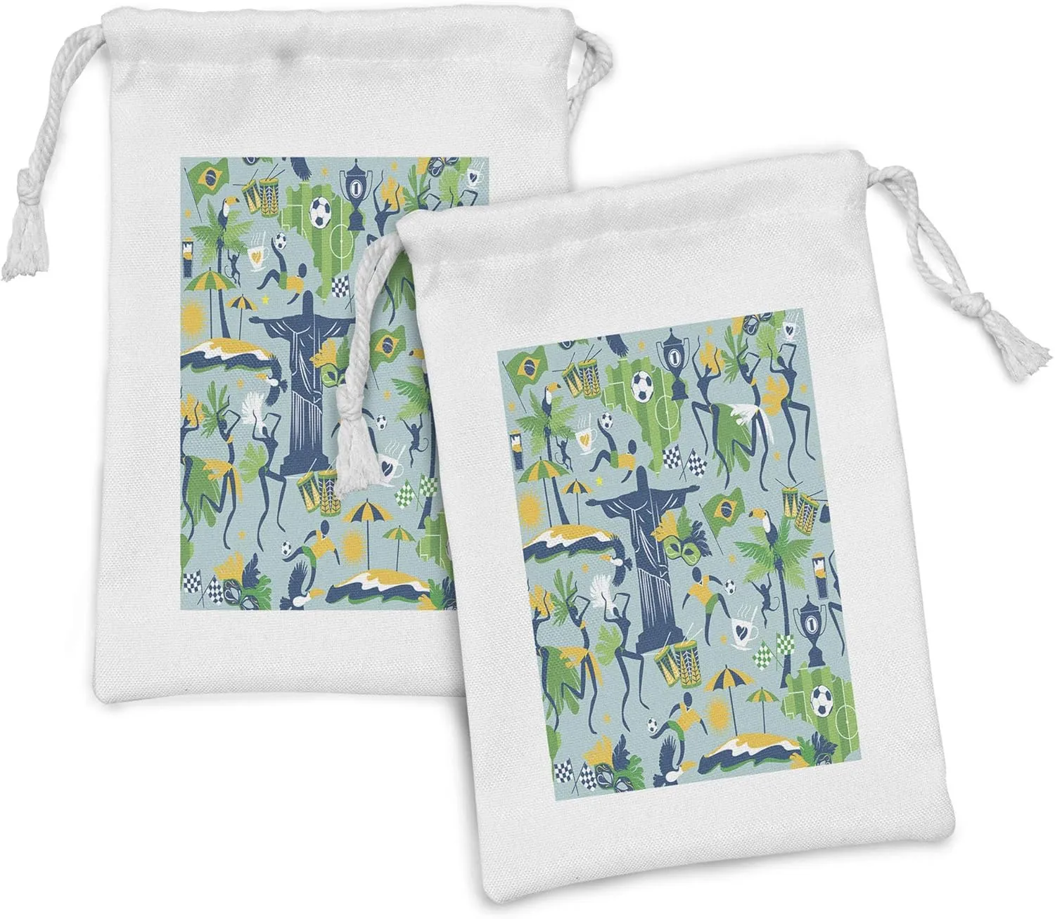 Ambesonne Carnival Fabric Pouch Set of 2, Traditional Items in Colors of Brazil Symbolic, Small Drawstring Bag for Toiletries Masks and Favors, 9" x 6", Fern Green Dark Sky Blue
