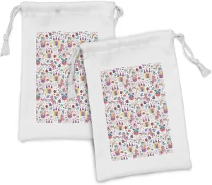 Ambesonne Cartoon Fabric Pouch Set of 2, Colorful Illustration with Characters Unicorn Chateau on Plain Background, Small Drawstring Bag for Toiletries Masks and Favors, 9" x 6", Multicolor