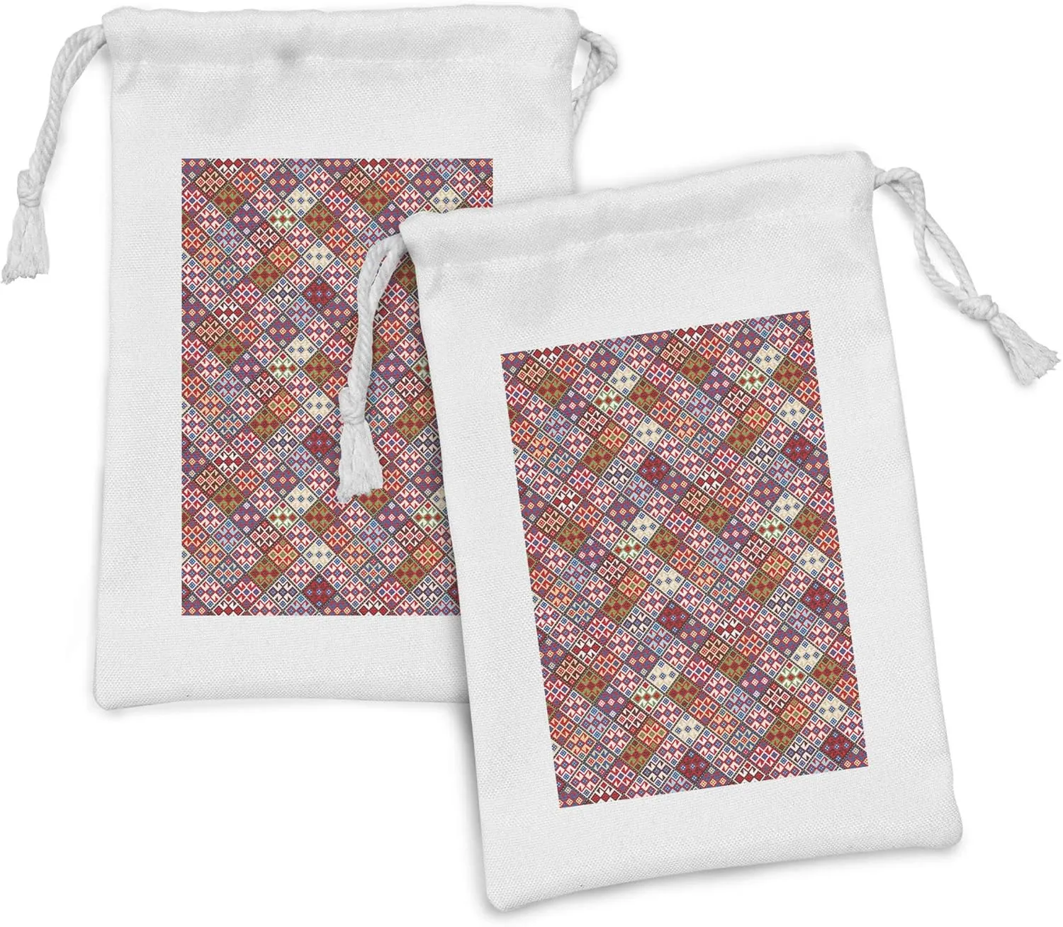 Ambesonne Colorful Fabric Pouch Set of 2, Various Skewed Square Nomadic Rug Looking Seamless Pattern, Small Drawstring Bag for Toiletries Masks and Favors, 9" x 6", Multicolor