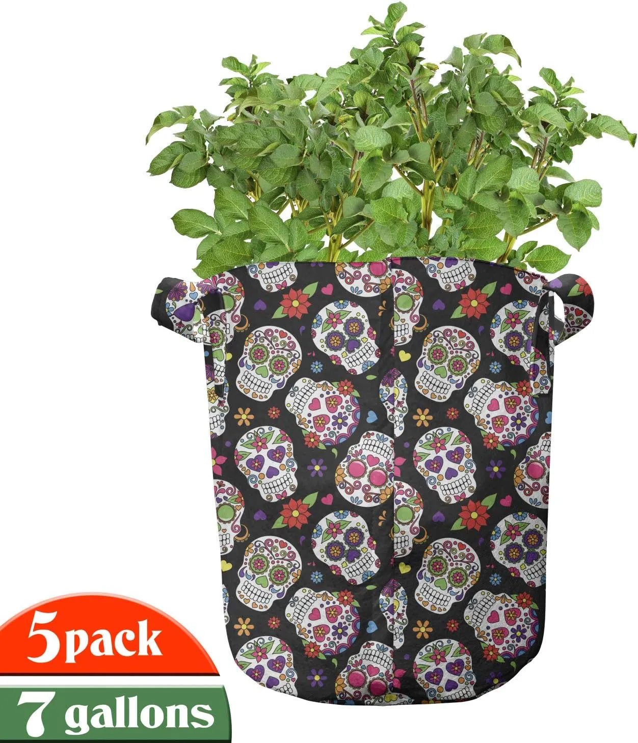 Ambesonne Colorful Grow Bags 5-Pack, Sugar Skulls Flowers, Heavyduty Fabric Pots with Handles for Plants, Black Fuchsia
