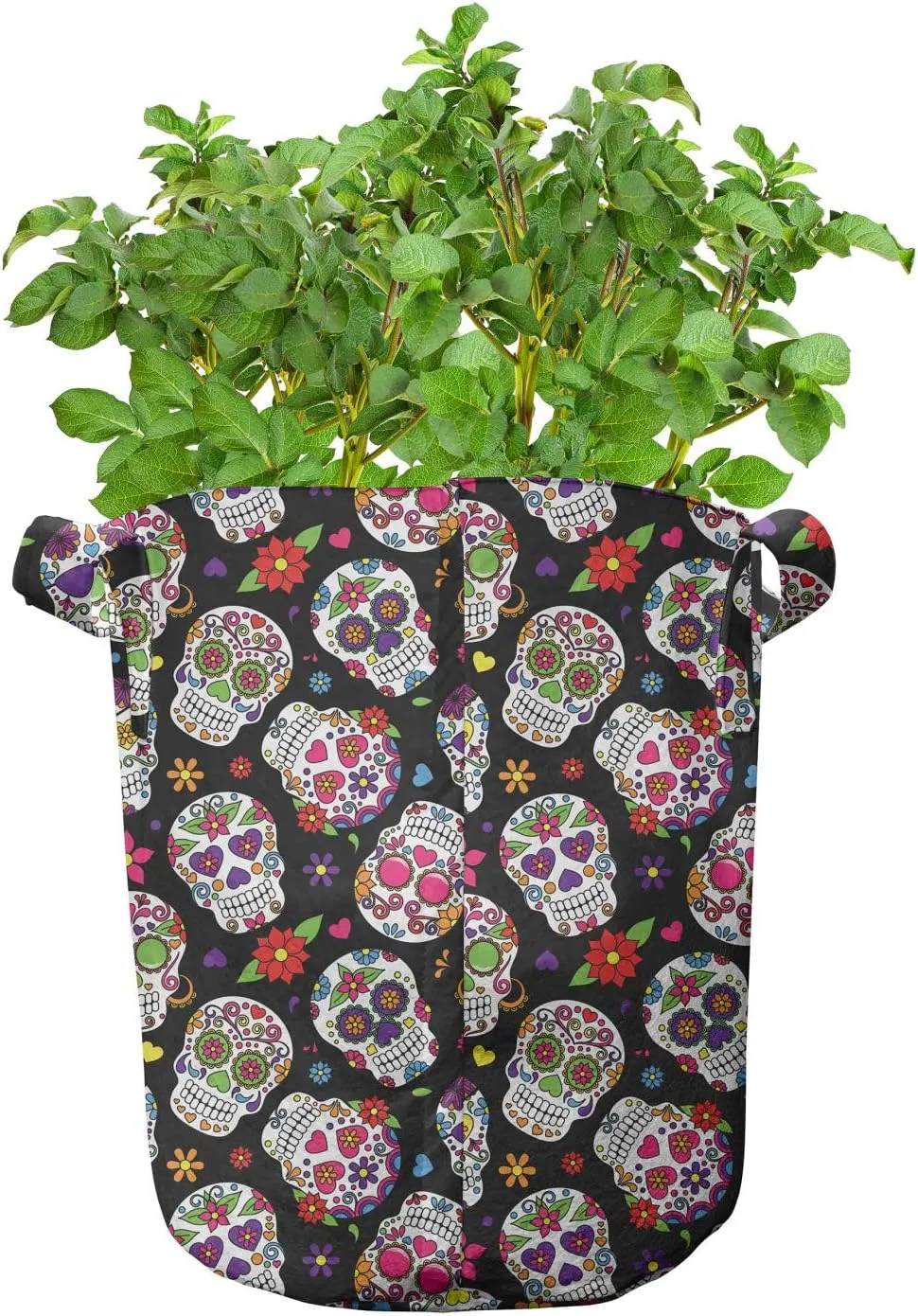 Ambesonne Colorful Grow Bags 5-Pack, Sugar Skulls Flowers, Heavyduty Fabric Pots with Handles for Plants, Black Fuchsia