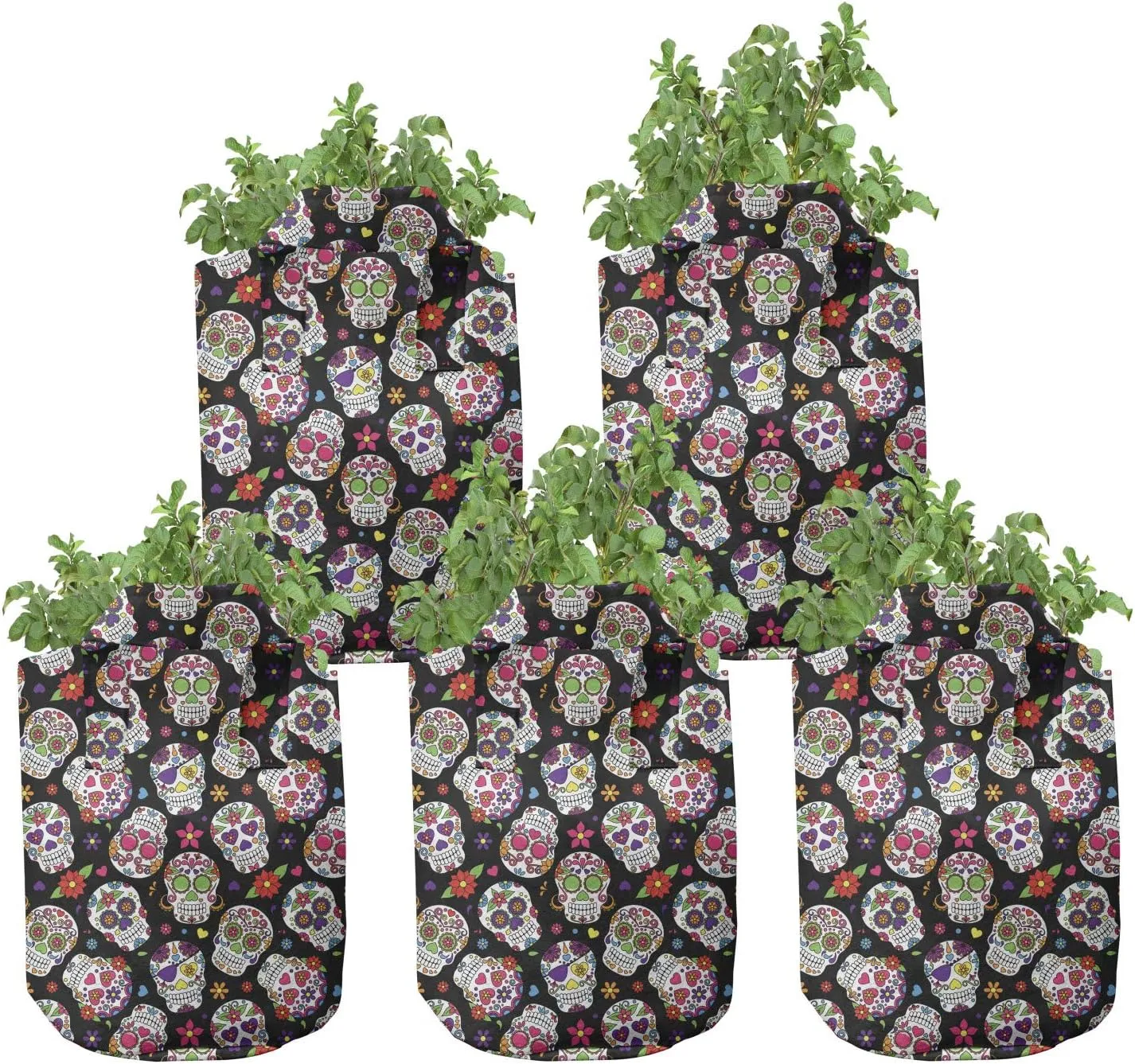 Ambesonne Colorful Grow Bags 5-Pack, Sugar Skulls Flowers, Heavyduty Fabric Pots with Handles for Plants, Black Fuchsia