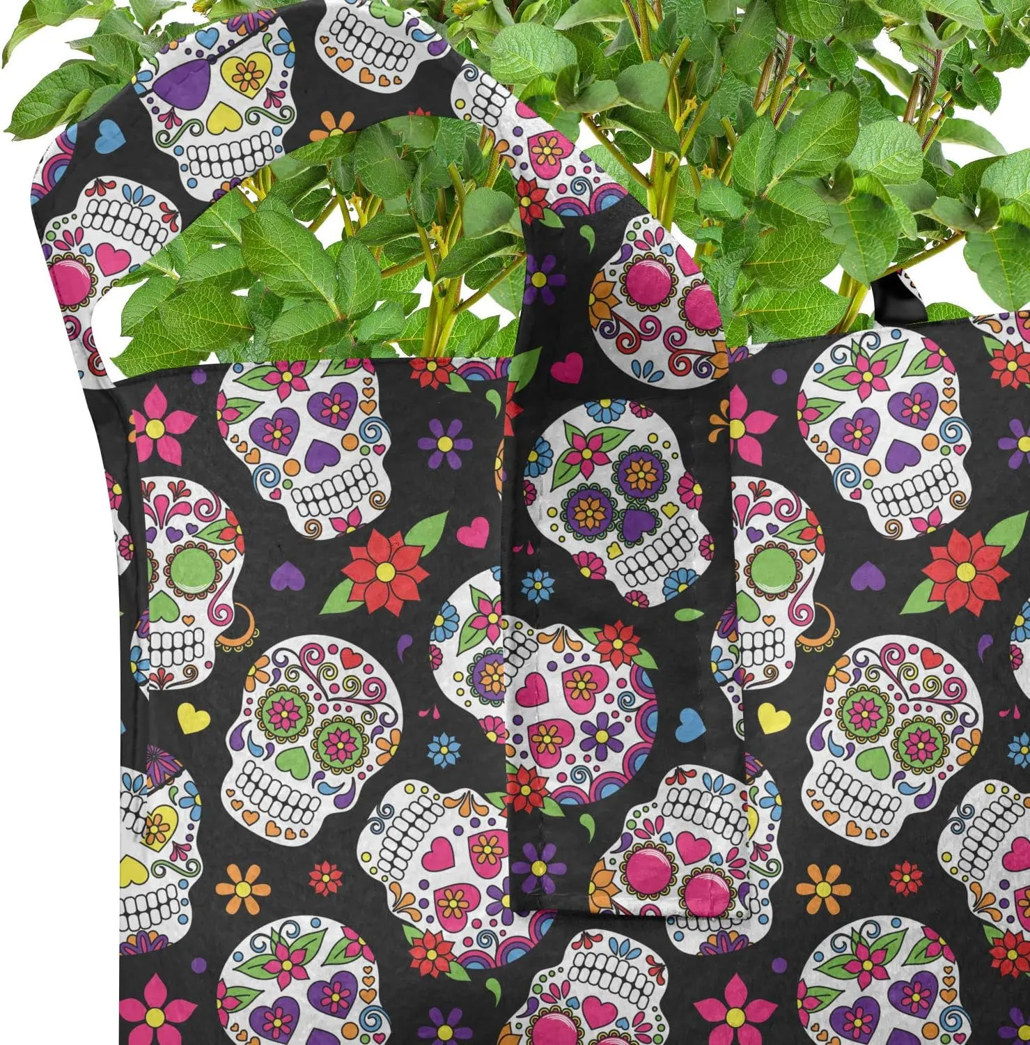 Ambesonne Colorful Grow Bags 5-Pack, Sugar Skulls Flowers, Heavyduty Fabric Pots with Handles for Plants, Black Fuchsia