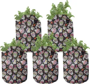 Ambesonne Colorful Grow Bags 5-Pack, Sugar Skulls Flowers, Heavyduty Fabric Pots with Handles for Plants, Black Fuchsia