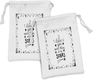 Ambesonne I Love You More Fabric Pouch Set of 2, Framework with Doodle Star Shapes Hand Lettered Phrase for Love, Small Drawstring Bag for Toiletries Masks and Favors, 9" x 6", White Charcoal Grey