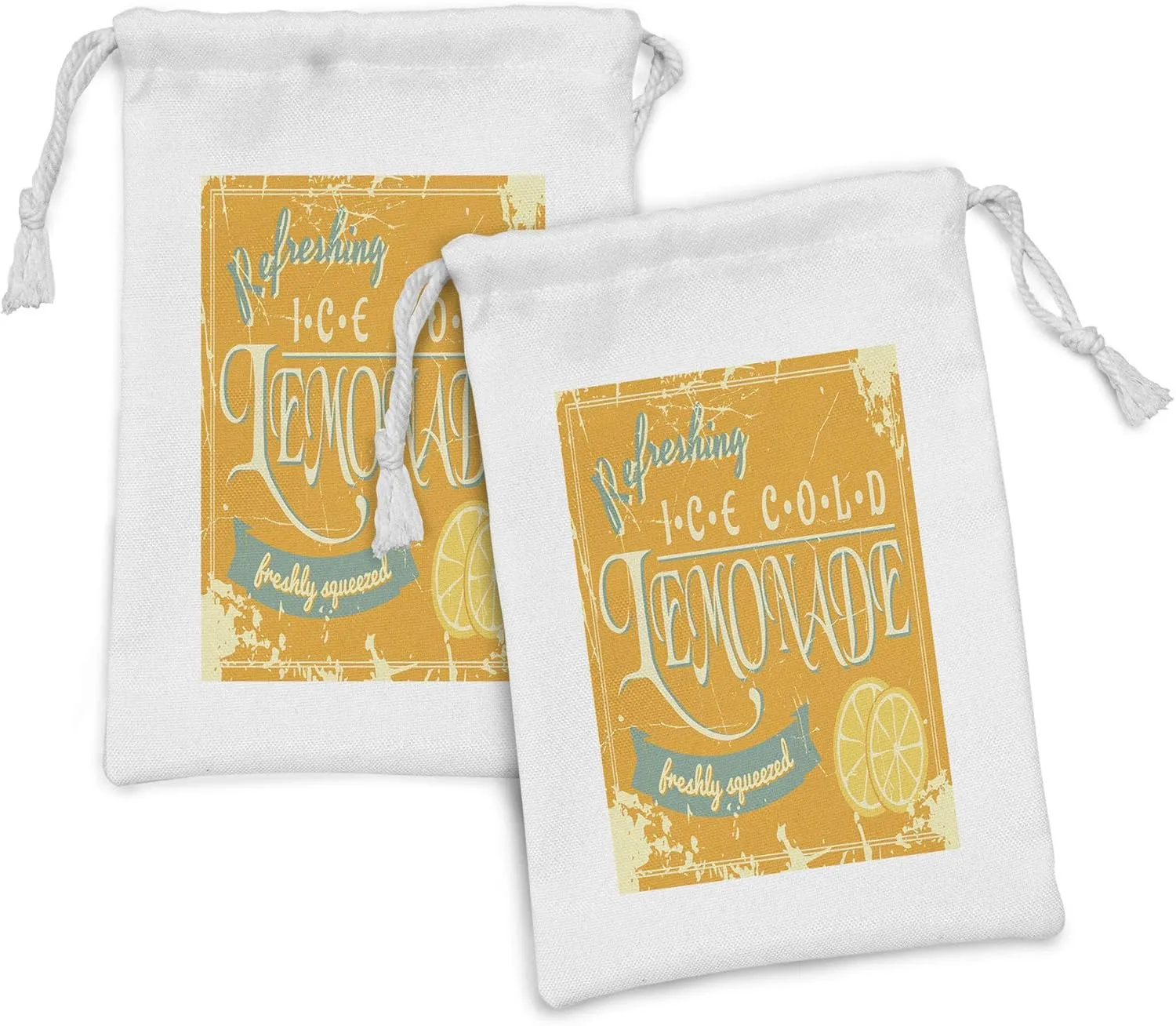Ambesonne Lemons Fabric Pouch Set of 2, Refreshing Ice Cold Lemonade Freshly Squeezed Advertisement on Grungy Border, Small Drawstring Bag for Toiletries Masks and Favors, 9" x 6", Orange Bluegrey