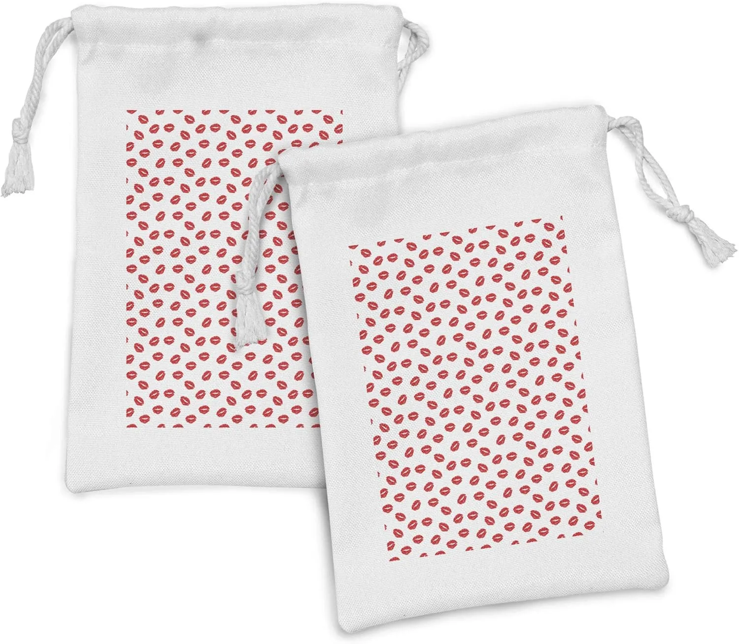 Ambesonne Lips Fabric Pouch Set of 2, Kisses Imprint Inspired Repeating Pattern on Plain Background Romance, Small Drawstring Bag for Toiletries Masks and Favors, 9" x 6", Scarlet White