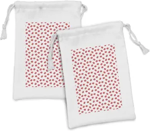 Ambesonne Lips Fabric Pouch Set of 2, Kisses Imprint Inspired Repeating Pattern on Plain Background Romance, Small Drawstring Bag for Toiletries Masks and Favors, 9" x 6", Scarlet White