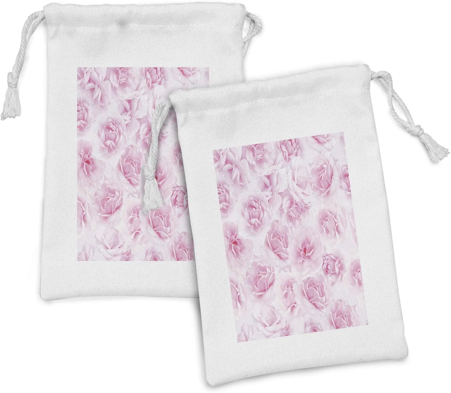 Ambesonne Rose Fabric Pouch Set of 2, Plenty of Roses Passion Sentiment Concept Affection Emotions Admiration Work, Small Drawstring Bag for Toiletries Masks and Favors, 9" x 6", Soft Pink