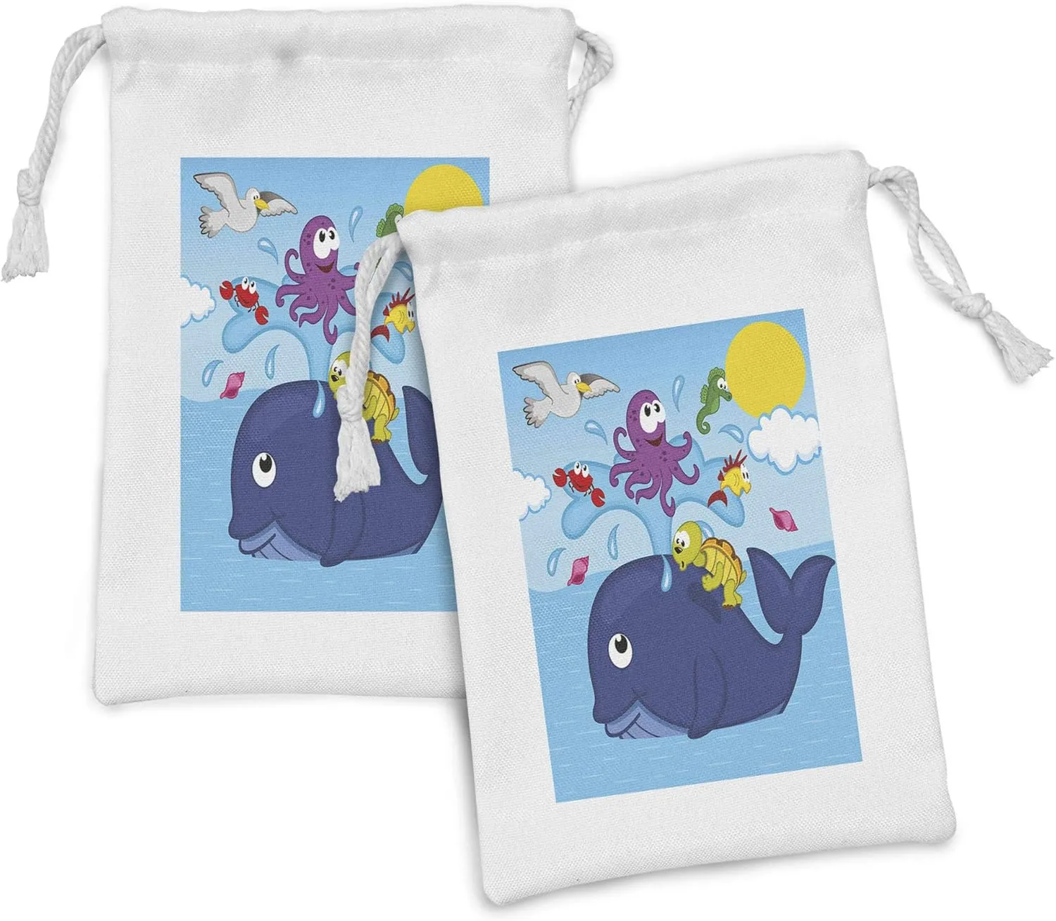 Ambesonne Whale Fabric Pouch Set of 2, Marine Gang Octopus Crab Turtle Seahorse Pacific Sun Underwater Ocean Playroom Design, Small Drawstring Bag for Toiletries Masks and Favors, 9" x 6", Multicolor
