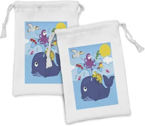 Ambesonne Whale Fabric Pouch Set of 2, Marine Gang Octopus Crab Turtle Seahorse Pacific Sun Underwater Ocean Playroom Design, Small Drawstring Bag for Toiletries Masks and Favors, 9" x 6", Multicolor