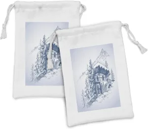 Ambesonne Winter Fabric Pouch Set of 2, Pencil Sketch Drawing of a Ski Hut in the Mountains Resort, Small Drawstring Bag for Toiletries Masks and Favors, 9" x 6", Sky Blue Cadet Blue