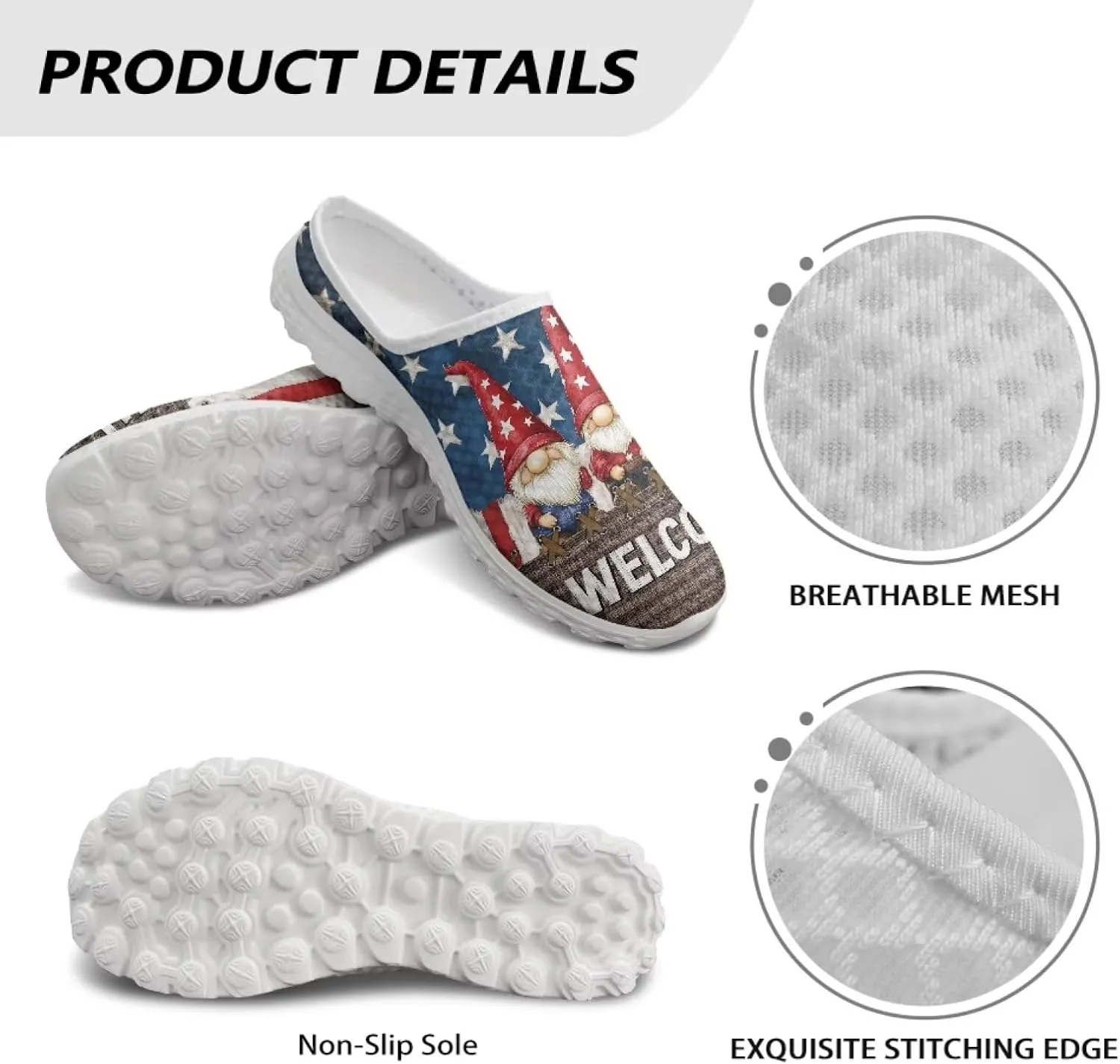 American Flag Print Mule Tennis Shoes for Women Classic Flats Shoes White EVA Sole Casual Sneaker Garden Clogs