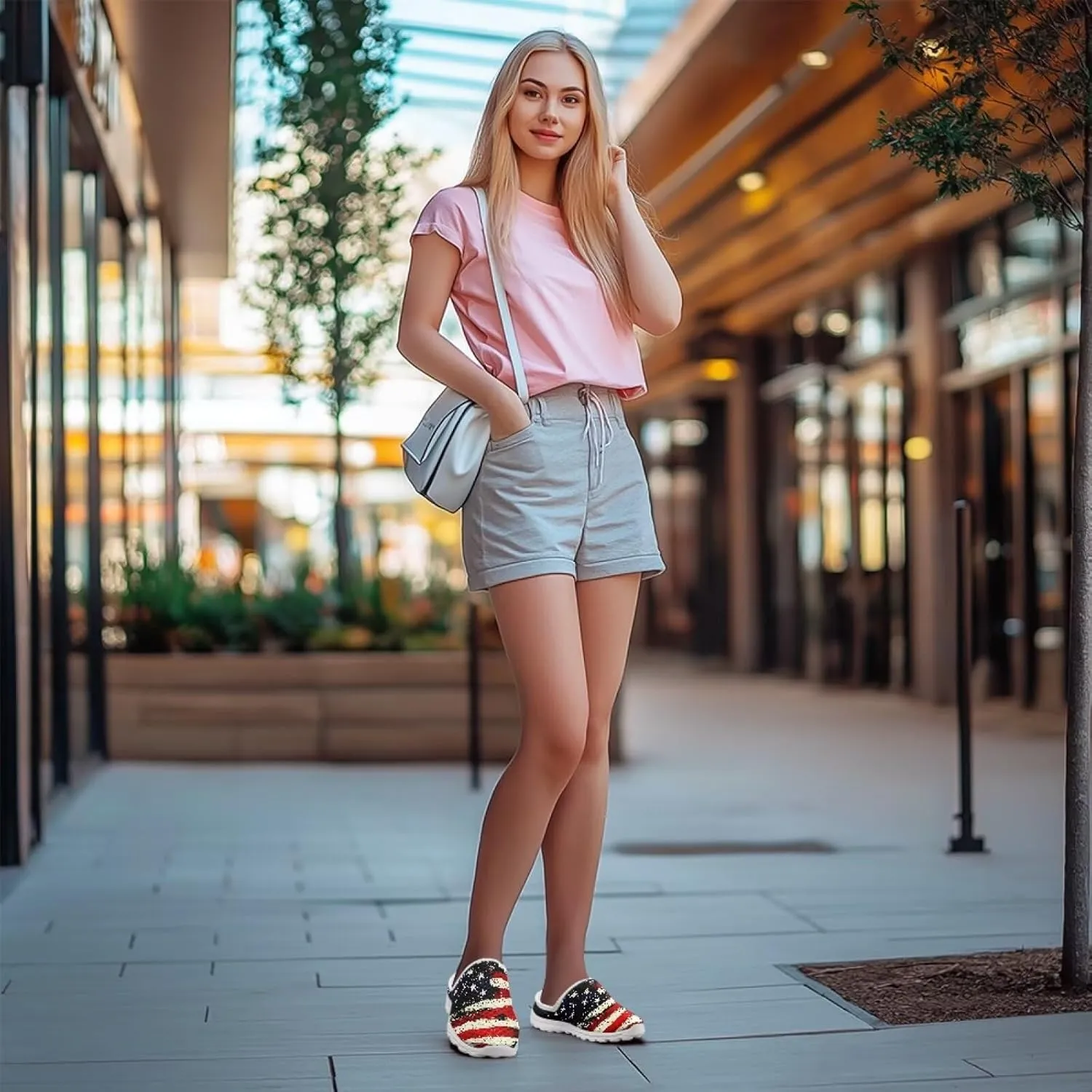 American Flag Print Mule Tennis Shoes for Women Classic Flats Shoes White EVA Sole Casual Sneaker Garden Clogs
