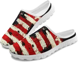 American Flag Print Mule Tennis Shoes for Women Classic Flats Shoes White EVA Sole Casual Sneaker Garden Clogs