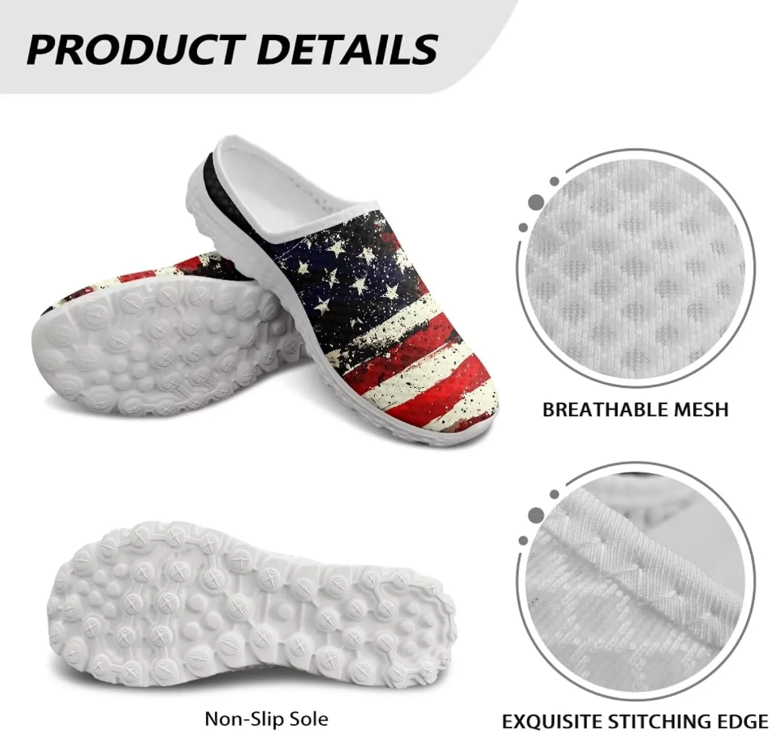 American Flag Print Mule Tennis Shoes for Women Classic Flats Shoes White EVA Sole Casual Sneaker Garden Clogs