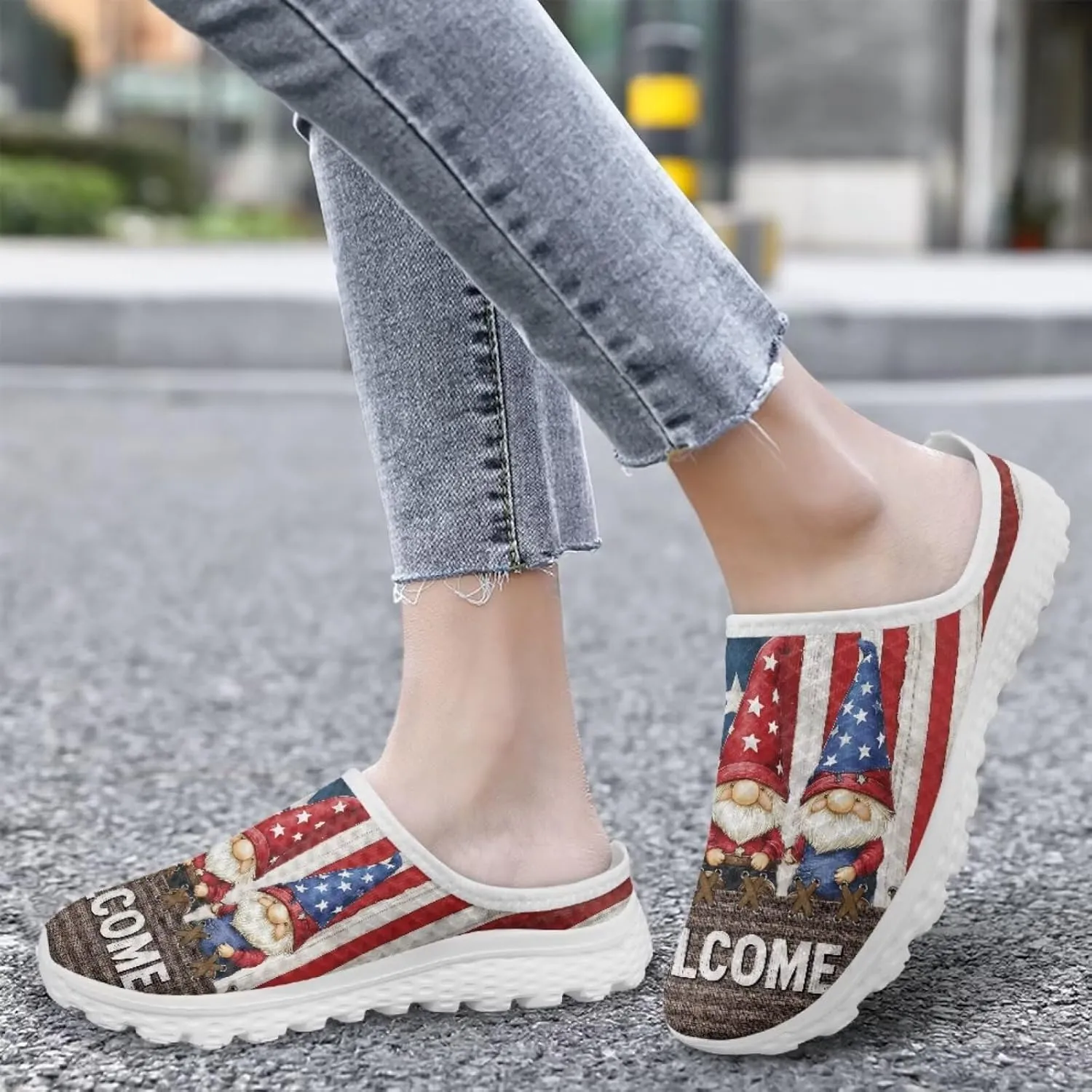 American Flag Print Mule Tennis Shoes for Women Classic Flats Shoes White EVA Sole Casual Sneaker Garden Clogs