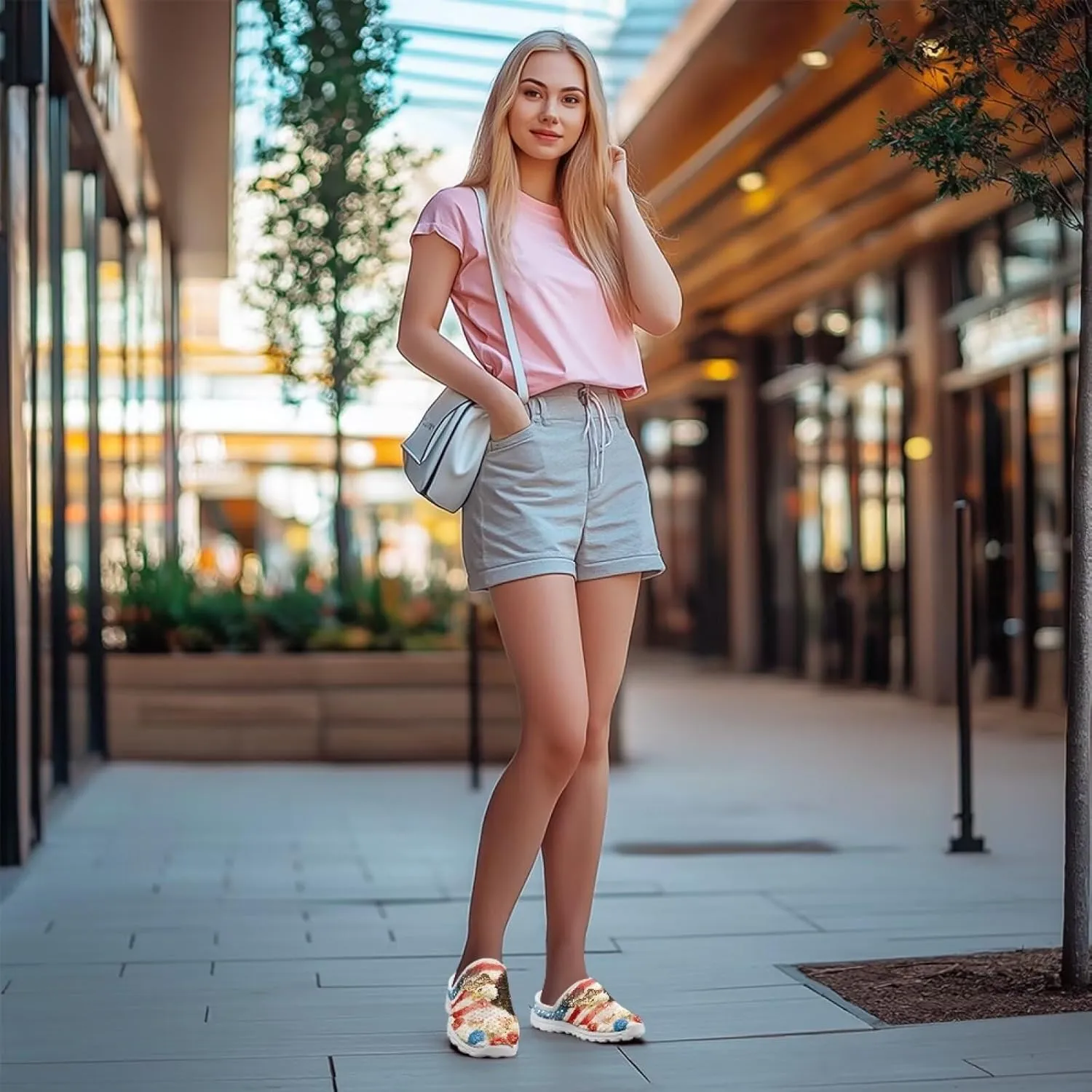 American Flag Print Mule Tennis Shoes for Women Classic Flats Shoes White EVA Sole Casual Sneaker Garden Clogs