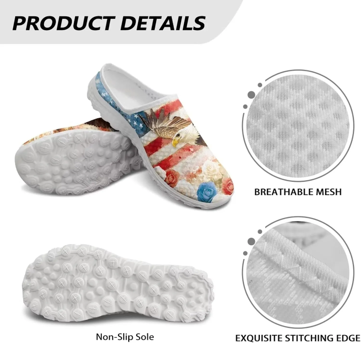 American Flag Print Mule Tennis Shoes for Women Classic Flats Shoes White EVA Sole Casual Sneaker Garden Clogs