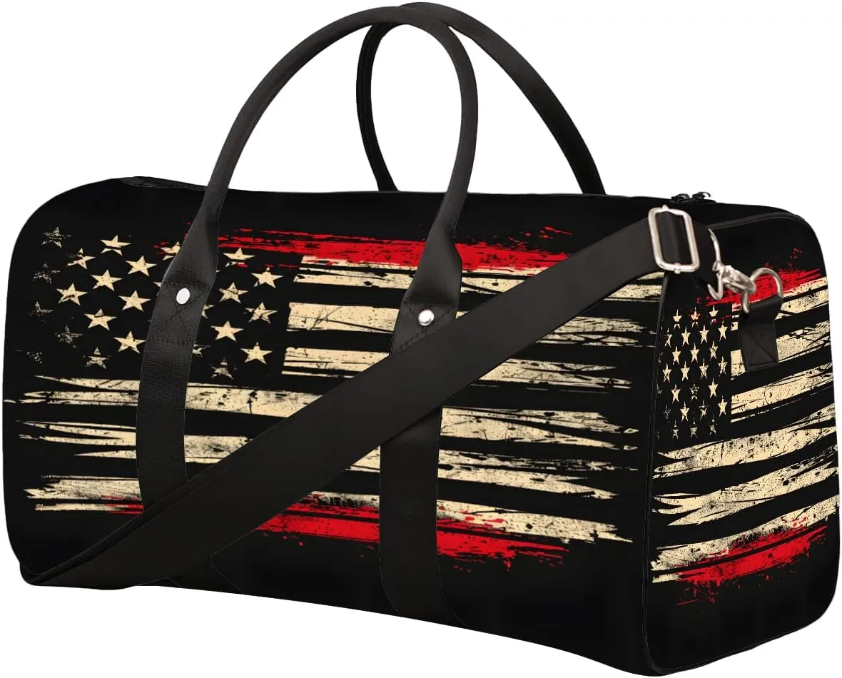 American Flag Retro Travel Duffle Bag Sports Gym Bags for Women Men Weekender Overnight Bags Waterproof Carry On Tote Bag Workout Bag for Dance Swimming Yoga Hospital
