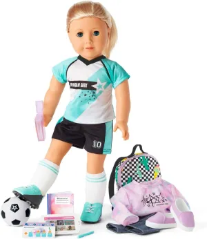 American Girl Truly Me 18-inch Doll 27 & School Day to Soccer Play Playset with Supplies, Uniform, and Ball, For Ages 6 