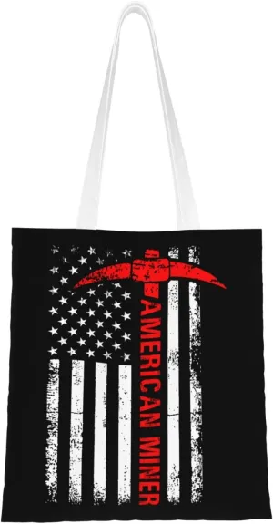 American Miner Patriot Day Flag Tote Bag for Women Canvas Shopping Bags Reusable Beach Bag Grocery Bags Tote Shoulder Bag Gift Bags