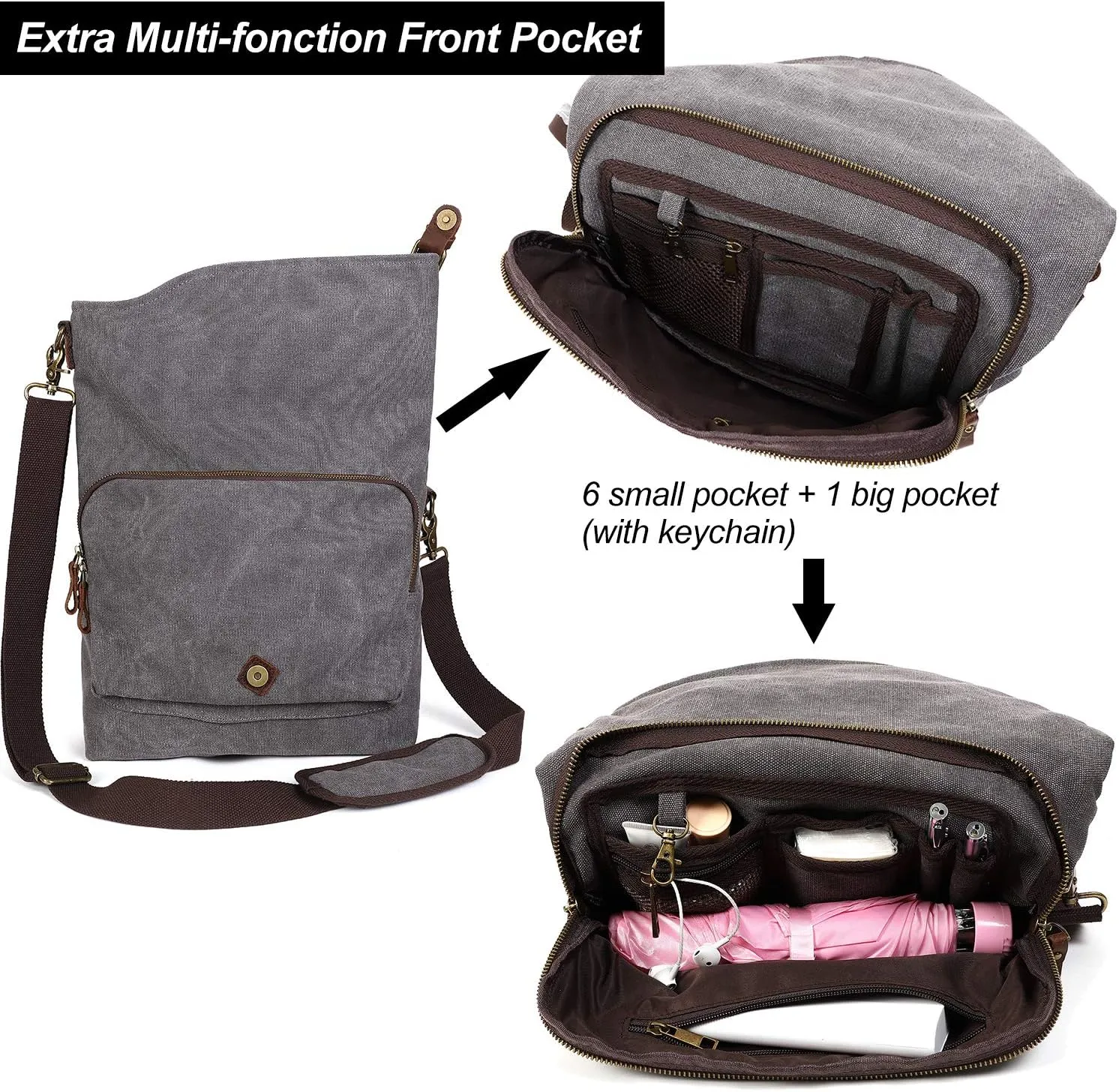 AmHoo Canvas Crossbody Bag for Women Genuine Leather Messenger Purse Handbags Shoulder Bag Hobo Totes