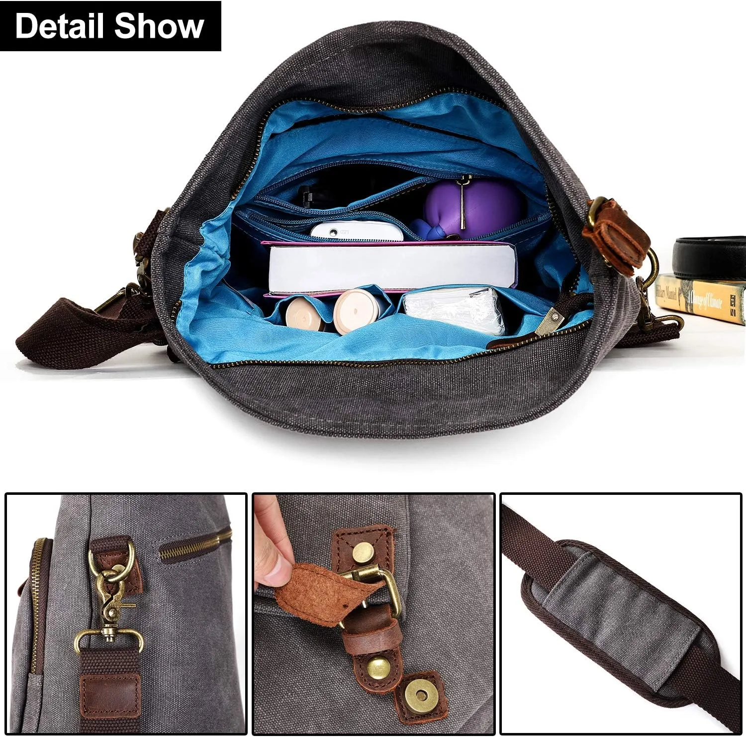 AmHoo Canvas Crossbody Bag for Women Genuine Leather Messenger Purse Handbags Shoulder Bag Hobo Totes