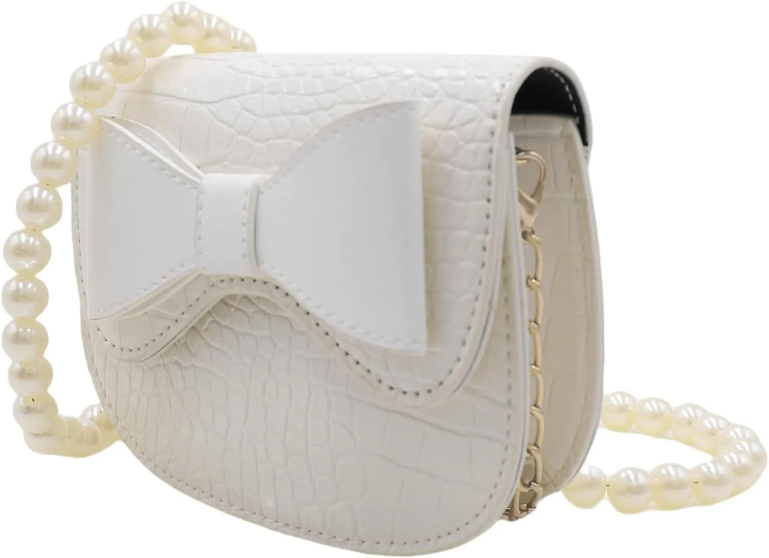 AMPOSSTO Bow Crossbody Purse for Girls Little Girls Kids Small Cross Body Bag Pearl Chain Strap Shoulder Bag Handbag