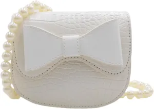 AMPOSSTO Bow Crossbody Purse for Girls Little Girls Kids Small Cross Body Bag Pearl Chain Strap Shoulder Bag Handbag