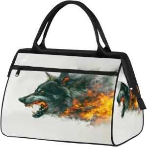 Angry Black Wolf Flames Travel Duffle Bag, Waterproof Duffel Bag Weekender Overnight Carry On Bag Lightweight Sport Gym Bag for Men Women