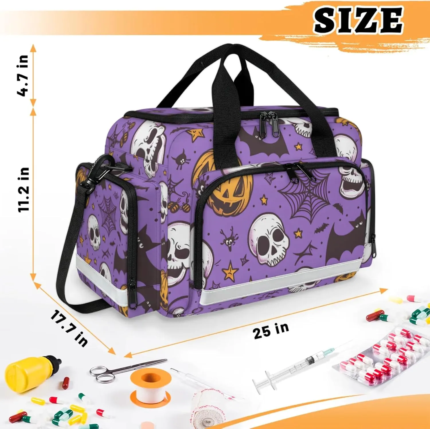 Anti-Scratch Duffle Bag for Travel 25x17.7x11.2 Inch - Waterproof Duffel Bag for Camping Fitness, Durable EMS Gear for First Responders Halloween Pumpkin Bat Skull