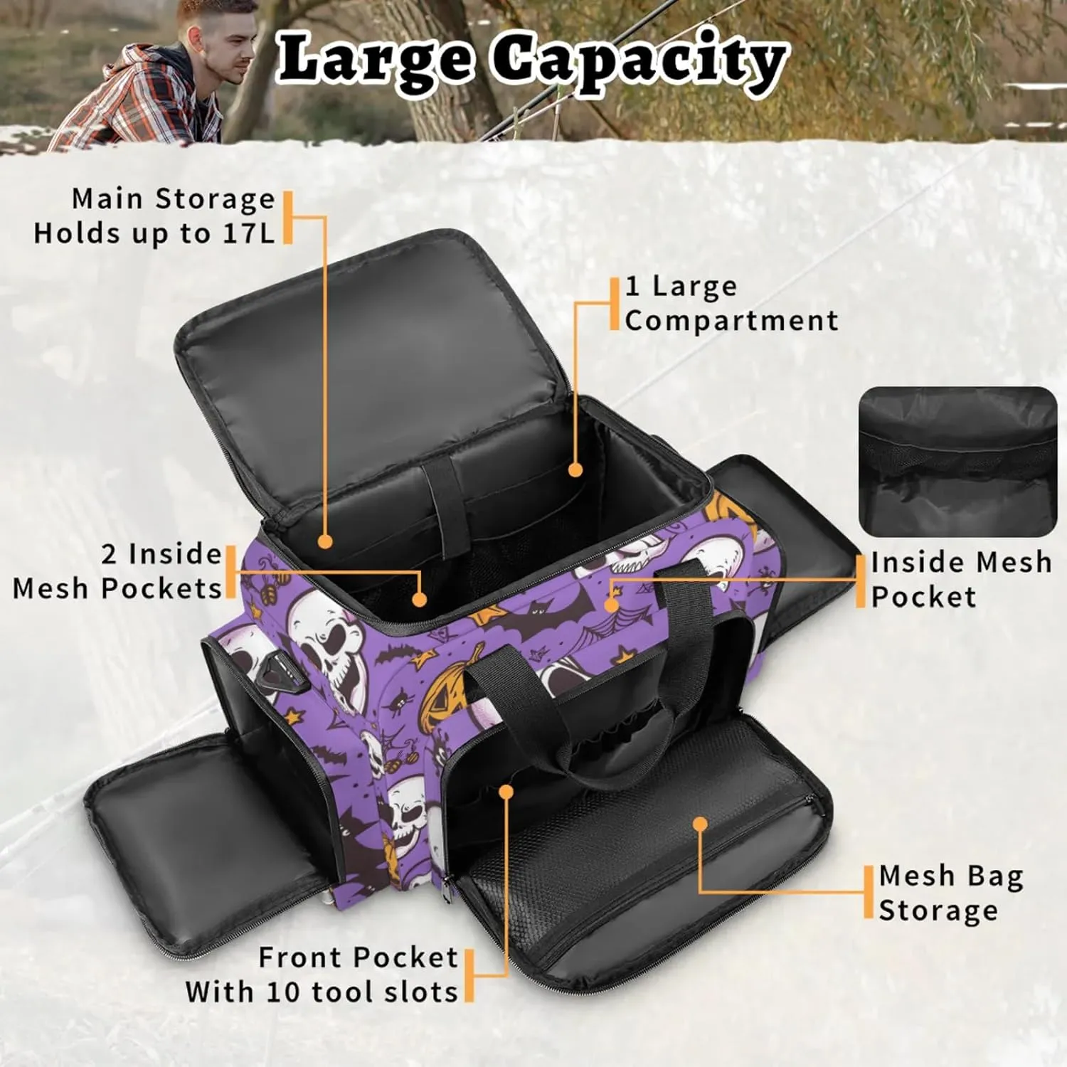 Anti-Scratch Duffle Bag for Travel 25x17.7x11.2 Inch - Waterproof Duffel Bag for Camping Fitness, Durable EMS Gear for First Responders Halloween Pumpkin Bat Skull