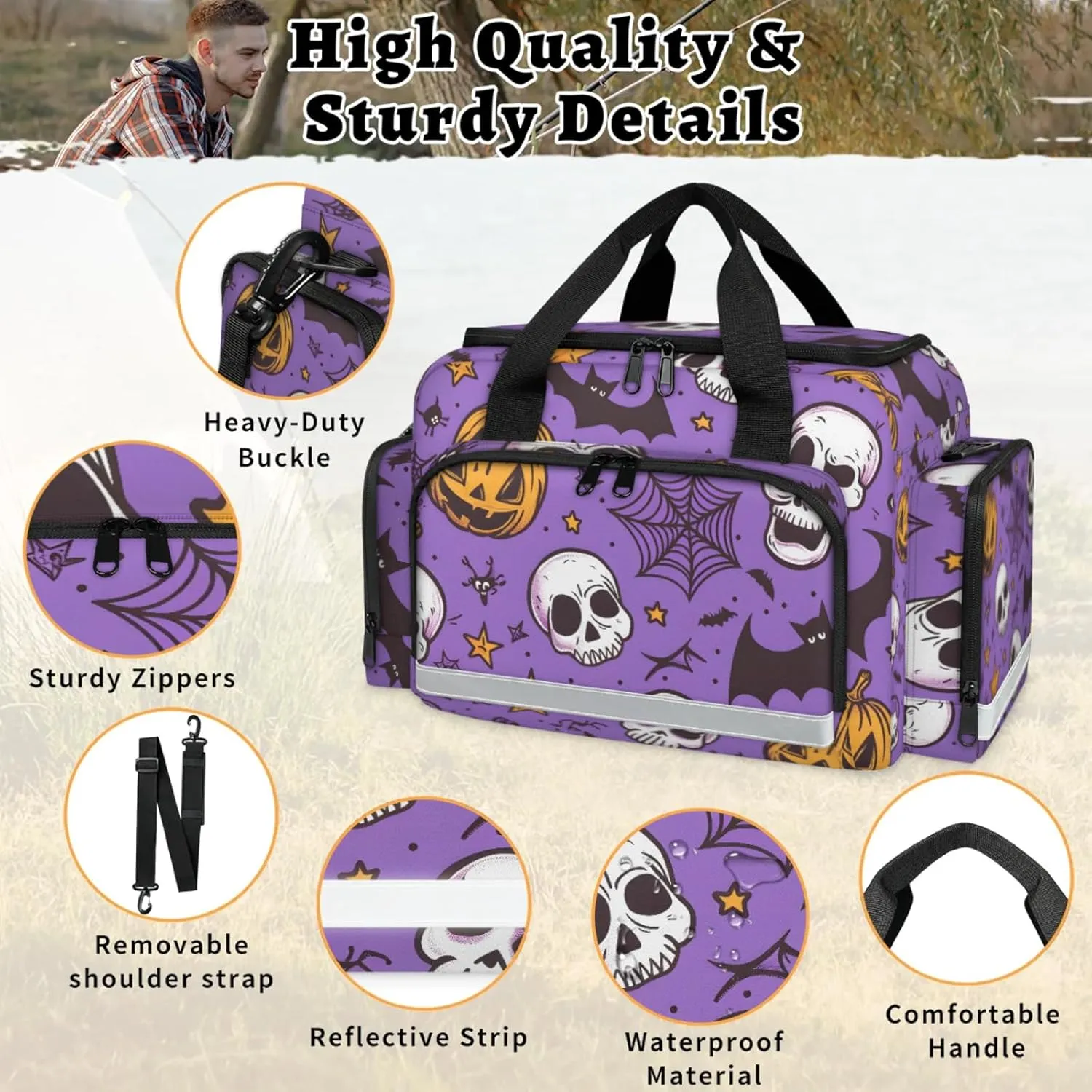 Anti-Scratch Duffle Bag for Travel 25x17.7x11.2 Inch - Waterproof Duffel Bag for Camping Fitness, Durable EMS Gear for First Responders Halloween Pumpkin Bat Skull
