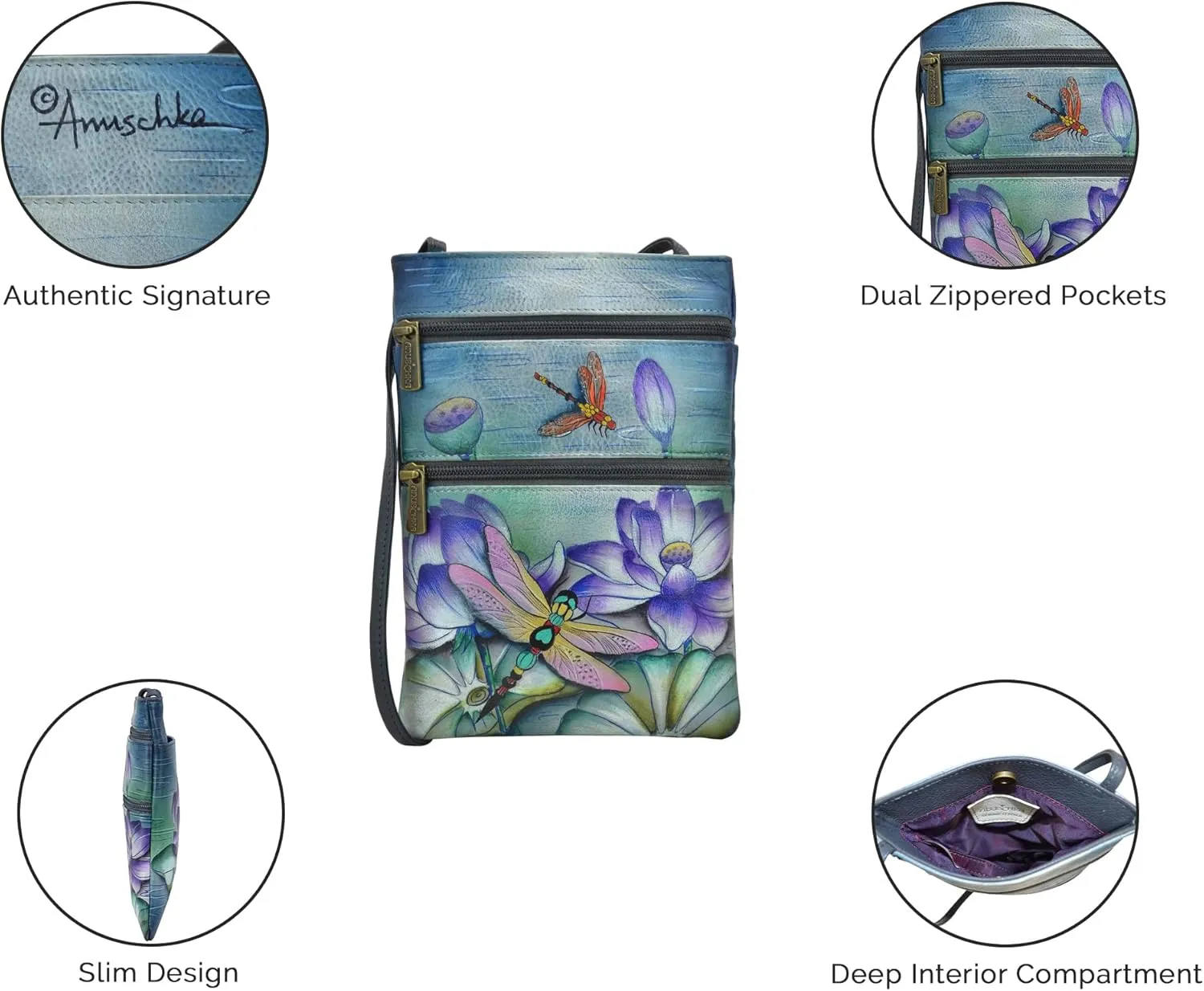 Anuschka Women’s Hand Painted Genuine Leather Mini Double Zip Travel Crossbody - Magnetic Closure, ID Holder & Optical Case