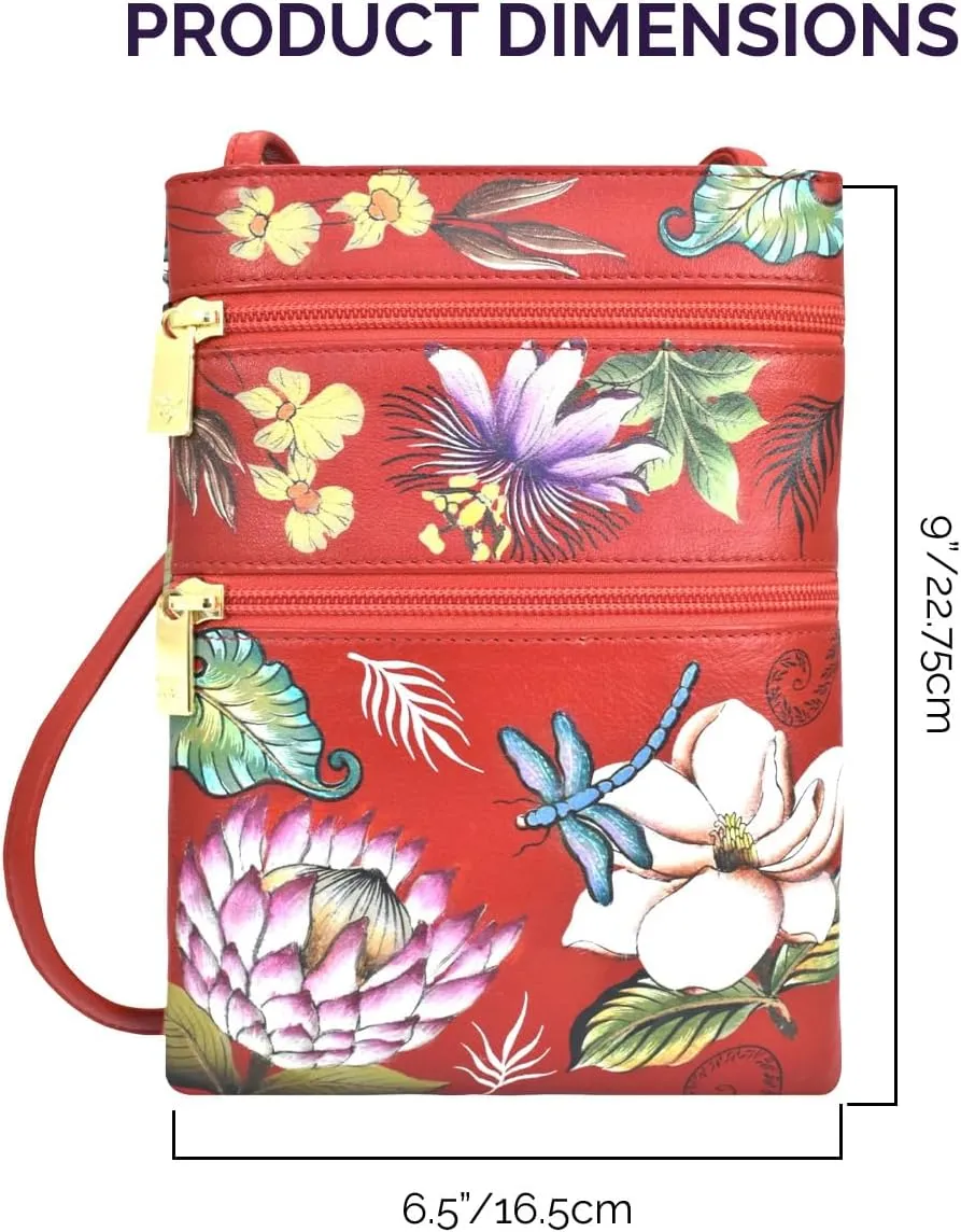 Anuschka Women’s Hand Painted Genuine Leather Mini Double Zip Travel Crossbody - Magnetic Closure, ID Holder & Optical Case