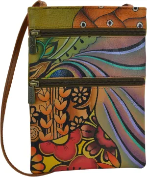 Anuschka Women’s Hand Painted Genuine Leather Mini Double Zip Travel Crossbody - Magnetic Closure, ID Holder & Optical Case