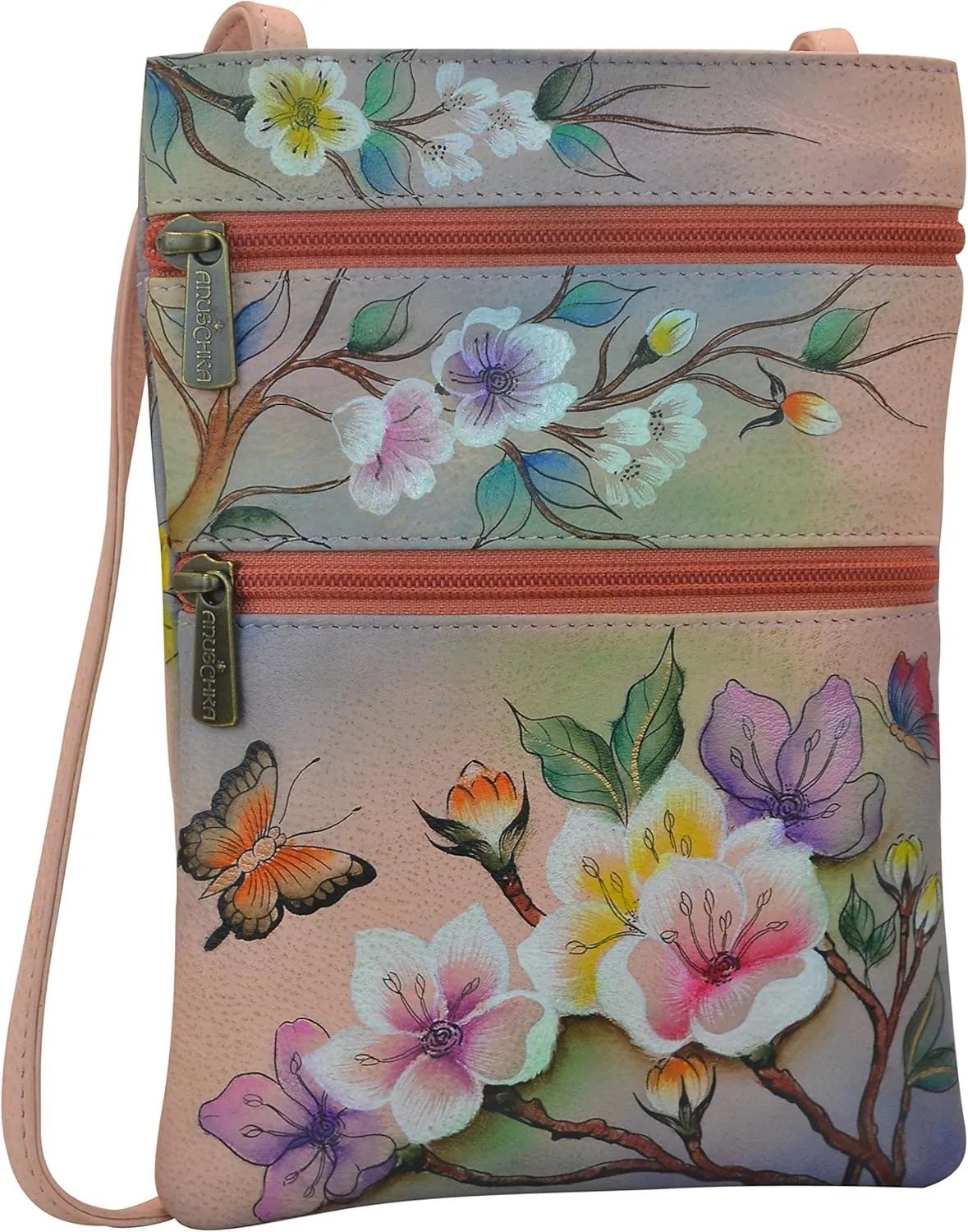 Anuschka Women’s Hand Painted Genuine Leather Mini Double Zip Travel Crossbody - Magnetic Closure, ID Holder & Optical Case