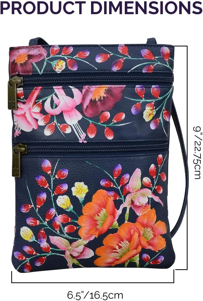 Anuschka Women’s Hand Painted Genuine Leather Mini Double Zip Travel Crossbody - Magnetic Closure, ID Holder & Optical Case